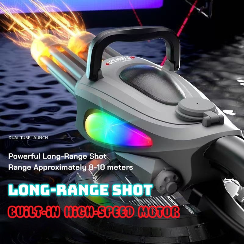 Double-barrel 360-degree rotating Gatling flash water gun, electric continuous fire, high-pressure powerful water play toy gun gift