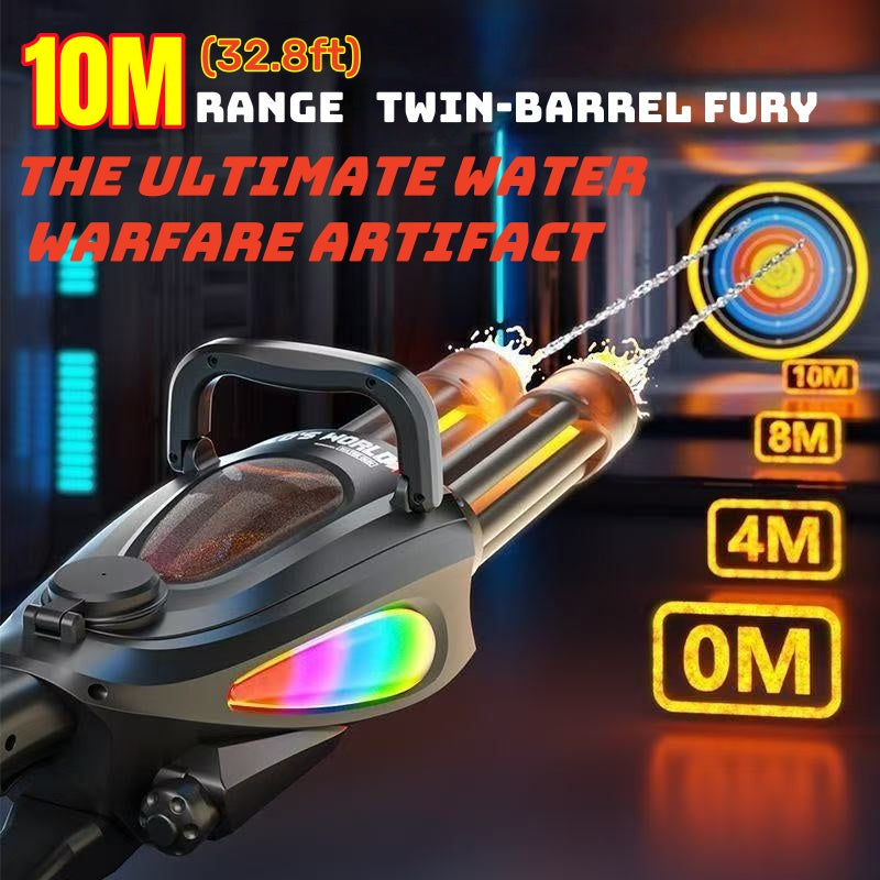 Double-barrel 360-degree rotating Gatling flash water gun, electric continuous fire, high-pressure powerful water play toy gun gift