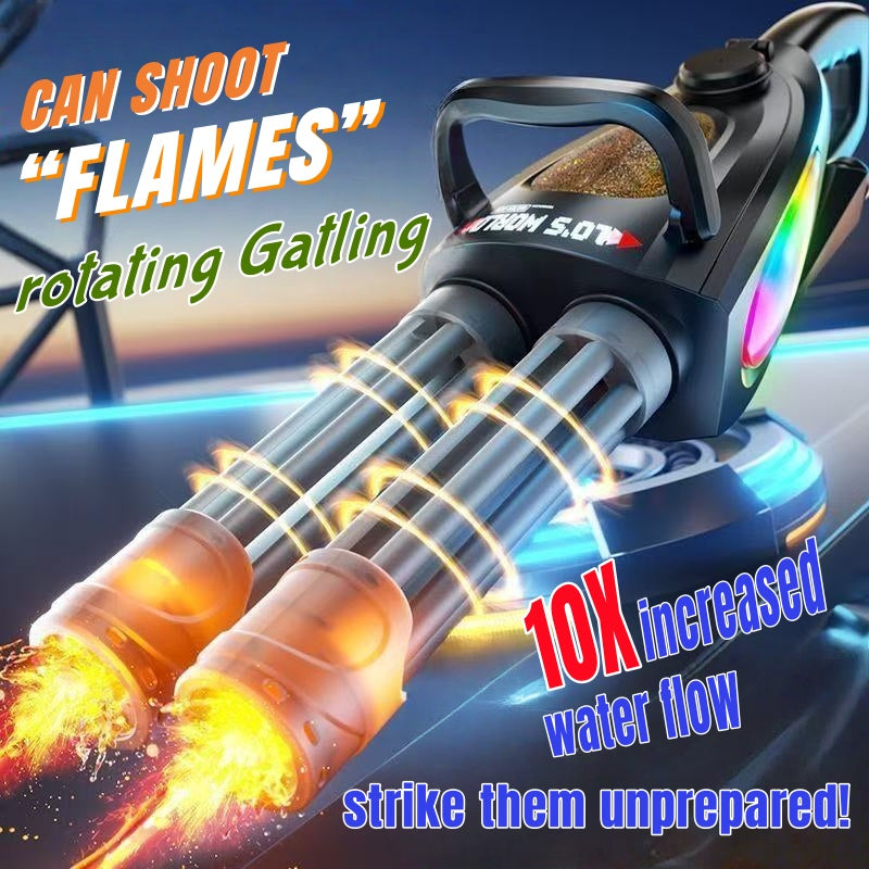 Double-barrel 360-degree rotating Gatling flash water gun, electric continuous fire, high-pressure powerful water play toy gun gift