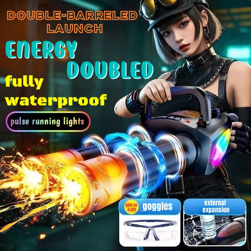 Double-barrel 360-degree rotating Gatling flash water gun, electric continuous fire, high-pressure powerful water play toy gun gift