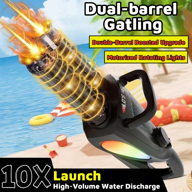 Double-barrel 360-degree rotating Gatling flash water gun, electric continuous fire, high-pressure powerful water play toy gun gift