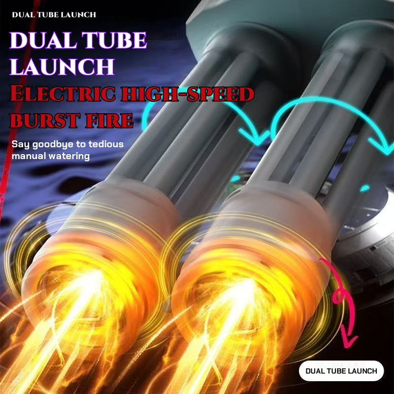 Double-barrel 360-degree rotating Gatling flash water gun, electric continuous fire, high-pressure powerful water play toy gun gift