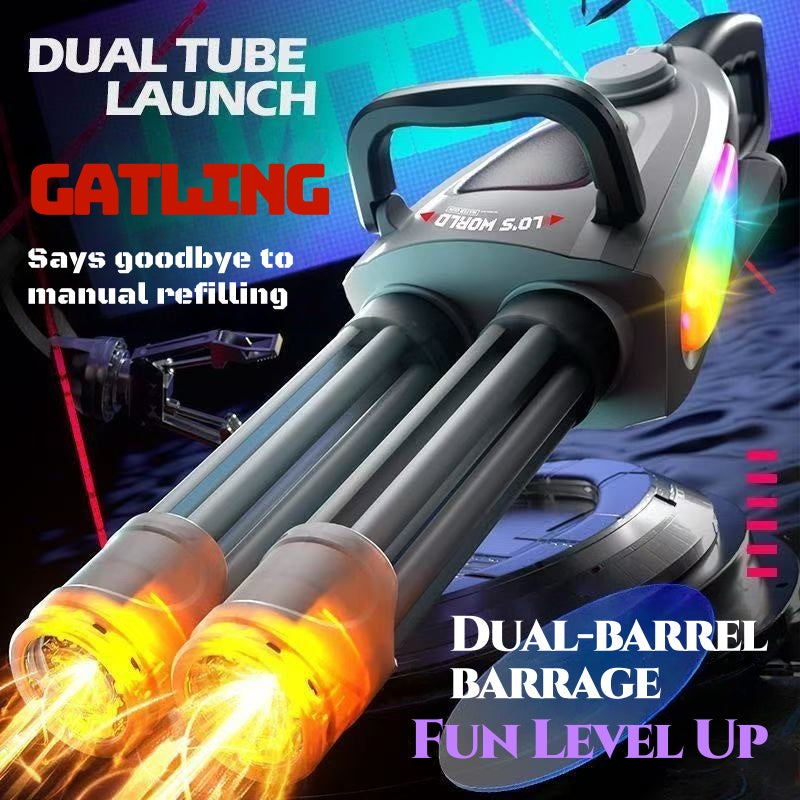 Double-barrel 360-degree rotating Gatling flash water gun, electric continuous fire, high-pressure powerful water play toy gun gift