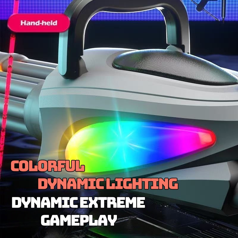 Double-barrel 360-degree rotating Gatling flash water gun, electric continuous fire, high-pressure powerful water play toy gun gift